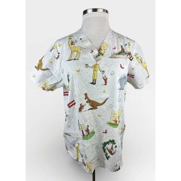 ✨2/$20 Curious George Adventures Cartoon Nurse CNA V-Neck Scrub Top Large - Picture 2 of 13